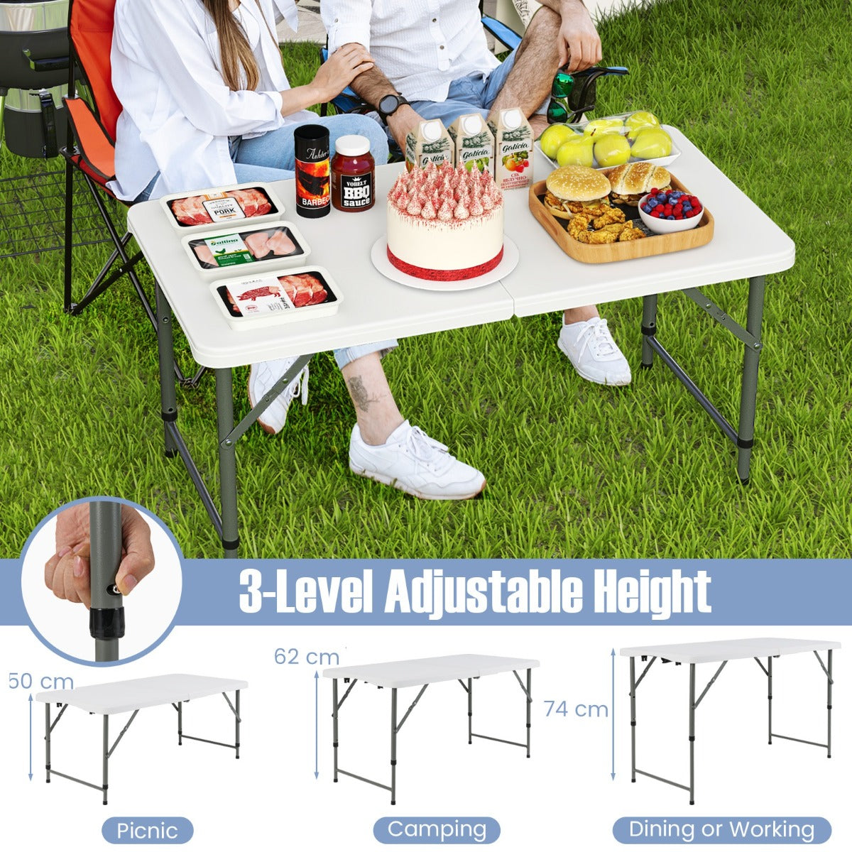 LIVSK Draagbare Campingtafel - Verstelbare Hoogte 50/62/74 cm - HDPE Tafelblad - Inklapbaar met Draaggreep - Tot 180 kg - Wit