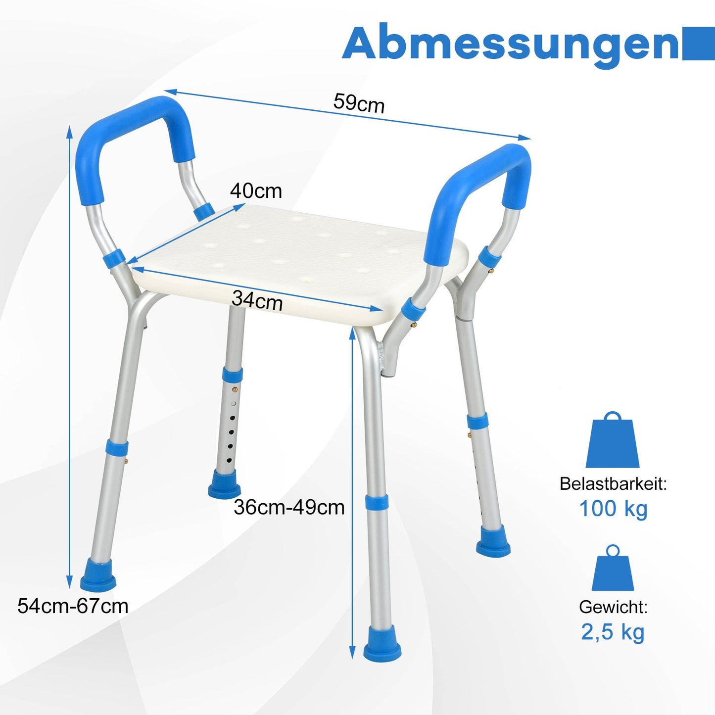 LIVSK Verstelbare Douchestoel - Aluminium - Antislip - 6 Hoogte-instellingen 36-49 cm - Lichtgewicht 2,5 kg - Blauw