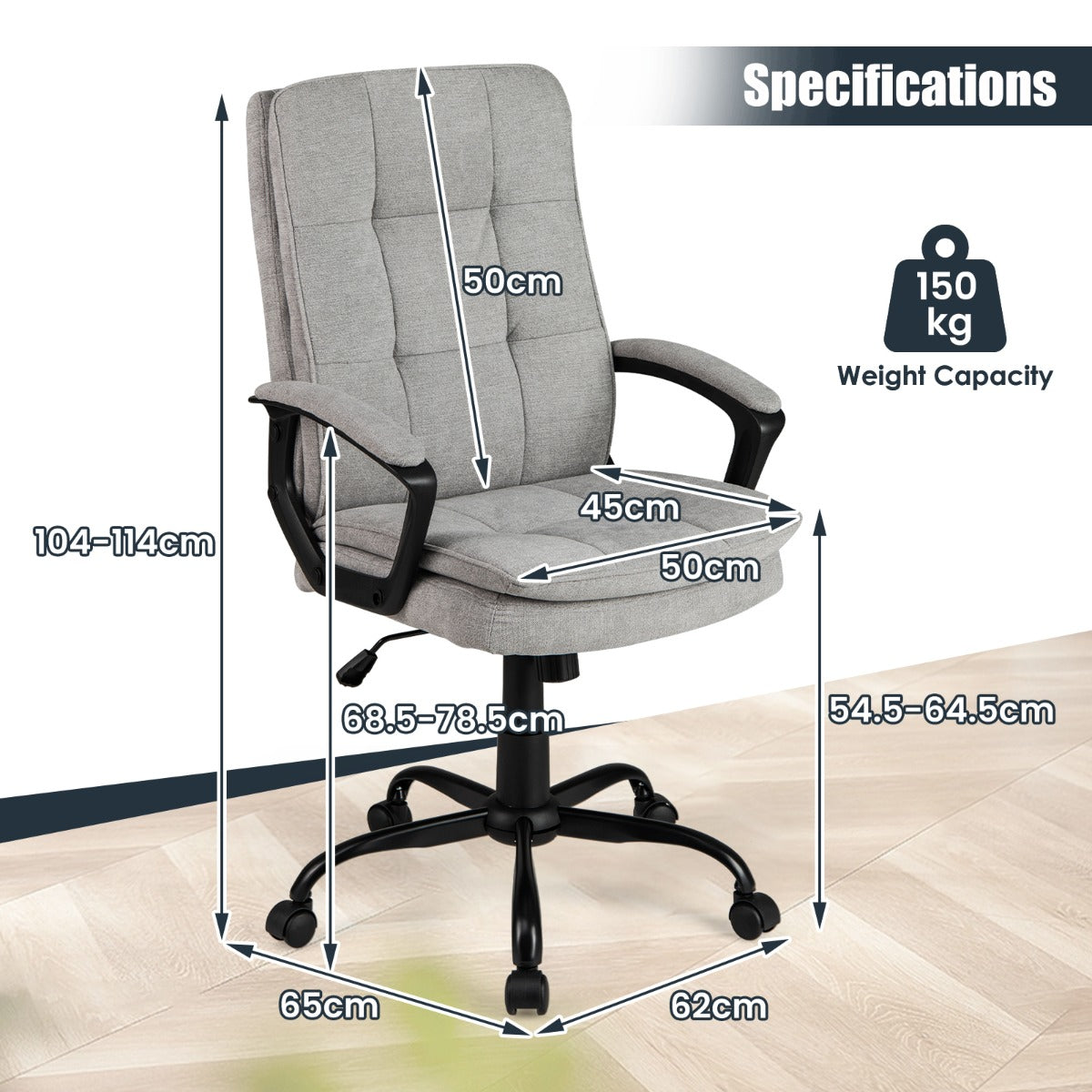 LIVSK Ergonomische Bureaustoel - Verstelbaar van 104-114 cm - Gebogen Rugleuning - Stevig 5-sterrenonderstel - Zwart + Grijs