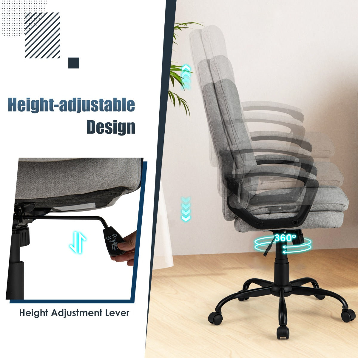 LIVSK Ergonomische Bureaustoel - Verstelbaar van 104-114 cm - Gebogen Rugleuning - Stevig 5-sterrenonderstel - Zwart + Grijs