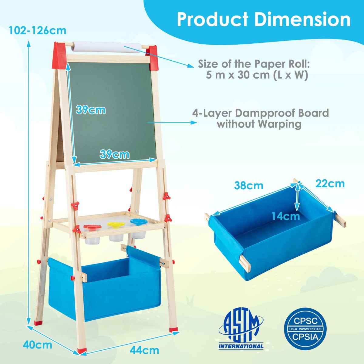 LIVSK 3-in-1 Houten Kinderezel - Verstelbaar van 102 tot 126 cm - Inclusief 60 Accessoires - Creatief Speelgoed - Naturel + Blauw