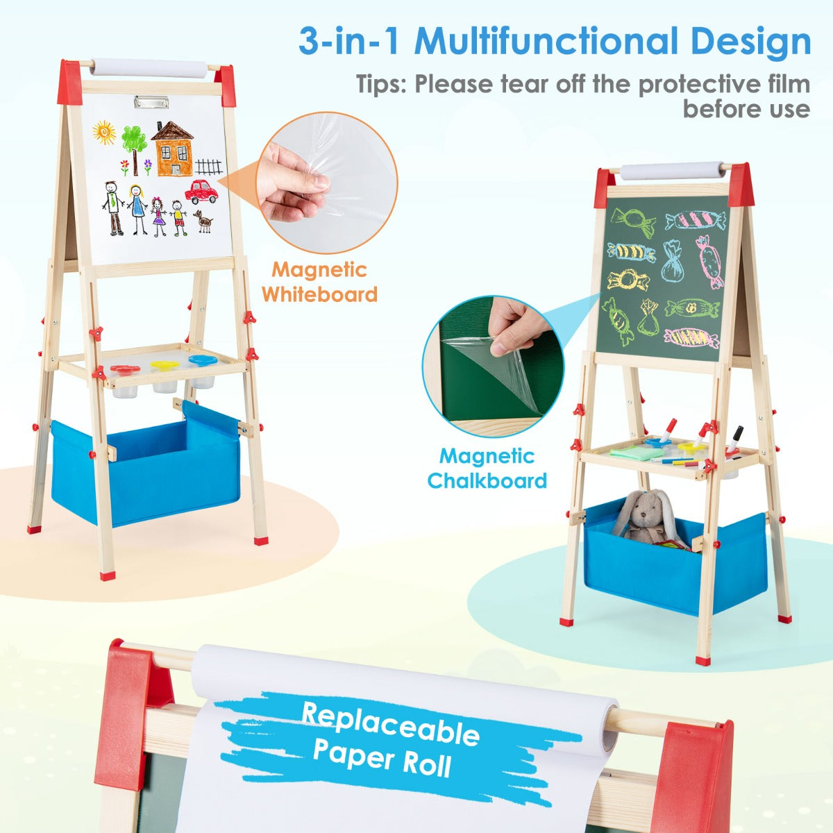 LIVSK 3-in-1 Houten Kinderezel - Verstelbaar van 102 tot 126 cm - Inclusief 60 Accessoires - Creatief Speelgoed - Naturel + Blauw