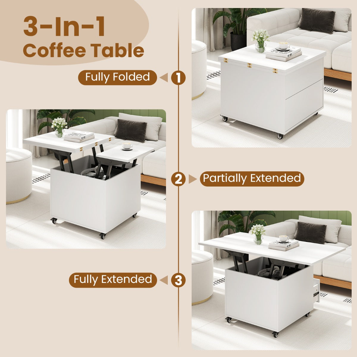 Livsk costway in hoogte verstelbare salontafel 3 in 1 opvouwbare eettafel moderne uitschuifbare salontafel 6