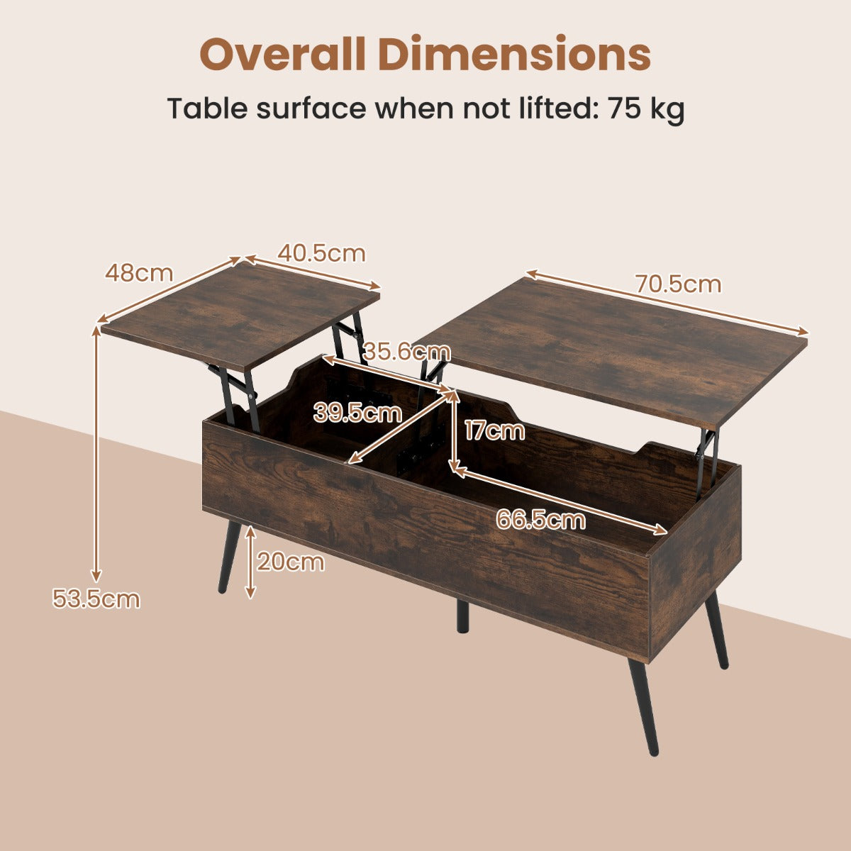 LIVSK Salontafel met Hefblad - 2 Opbergvakken - Verstelbare Hoogte tot 53,5 cm - Stevige Metalen Poten - Rustiek bruin