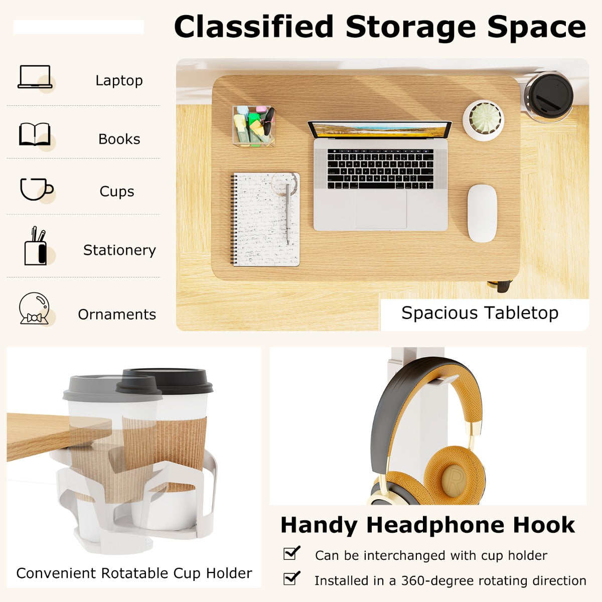 LIVSK Verstelbare Bijzettafel - Hoogte 65,5 tot 100 cm - Draaibare Bekerhouder - C-vormig - Tot 40 kg - Wit/Natural/Zwart