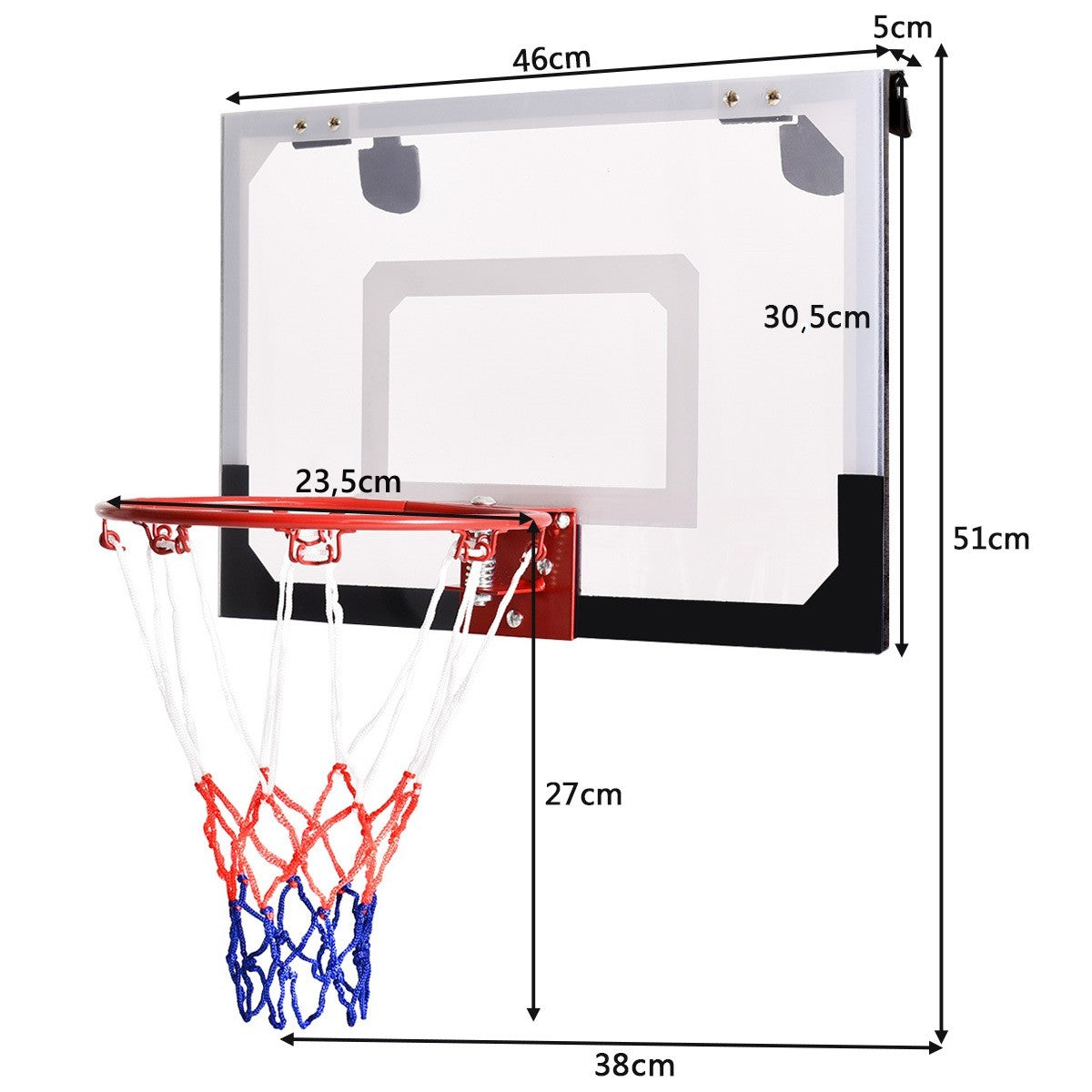 LIVSK Deurgemonteerde Basketbalring - Elastische Hoepel - Weerbestendig Nylon Net - Eenvoudige Installatie - 46 x 30,5 x 5 cm -
