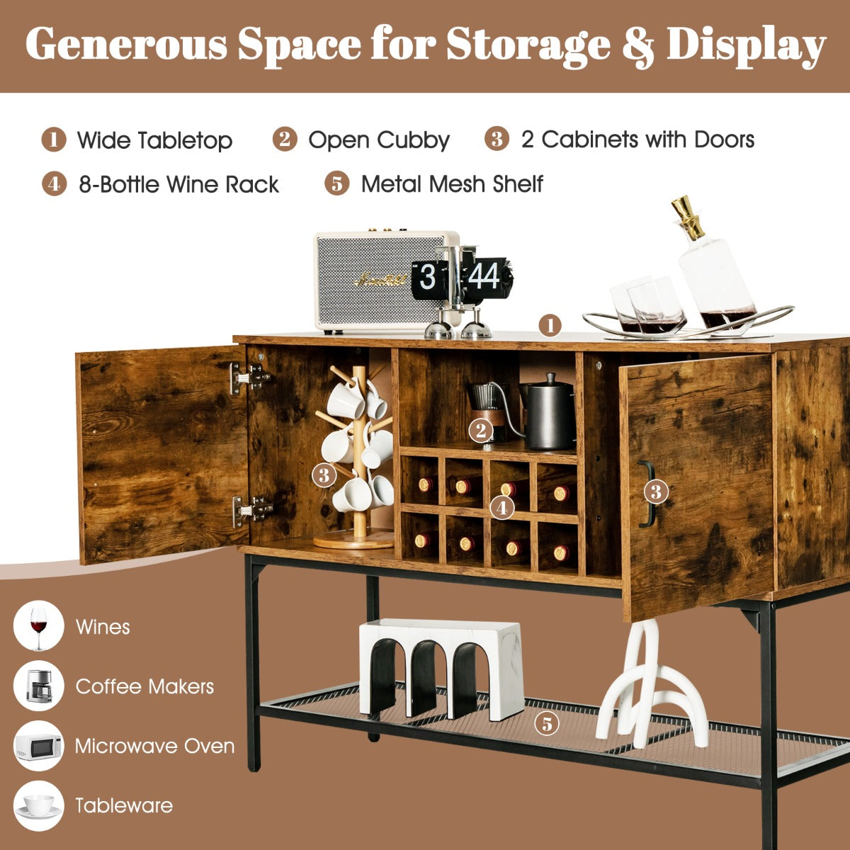 LIVSK Multifunctionele Buffetkast - Dressoir met Wijnrek voor 8 Flessen - 2 Deurkasten - Stevig en Duurzaam - 120 x 40 x 85 cm -