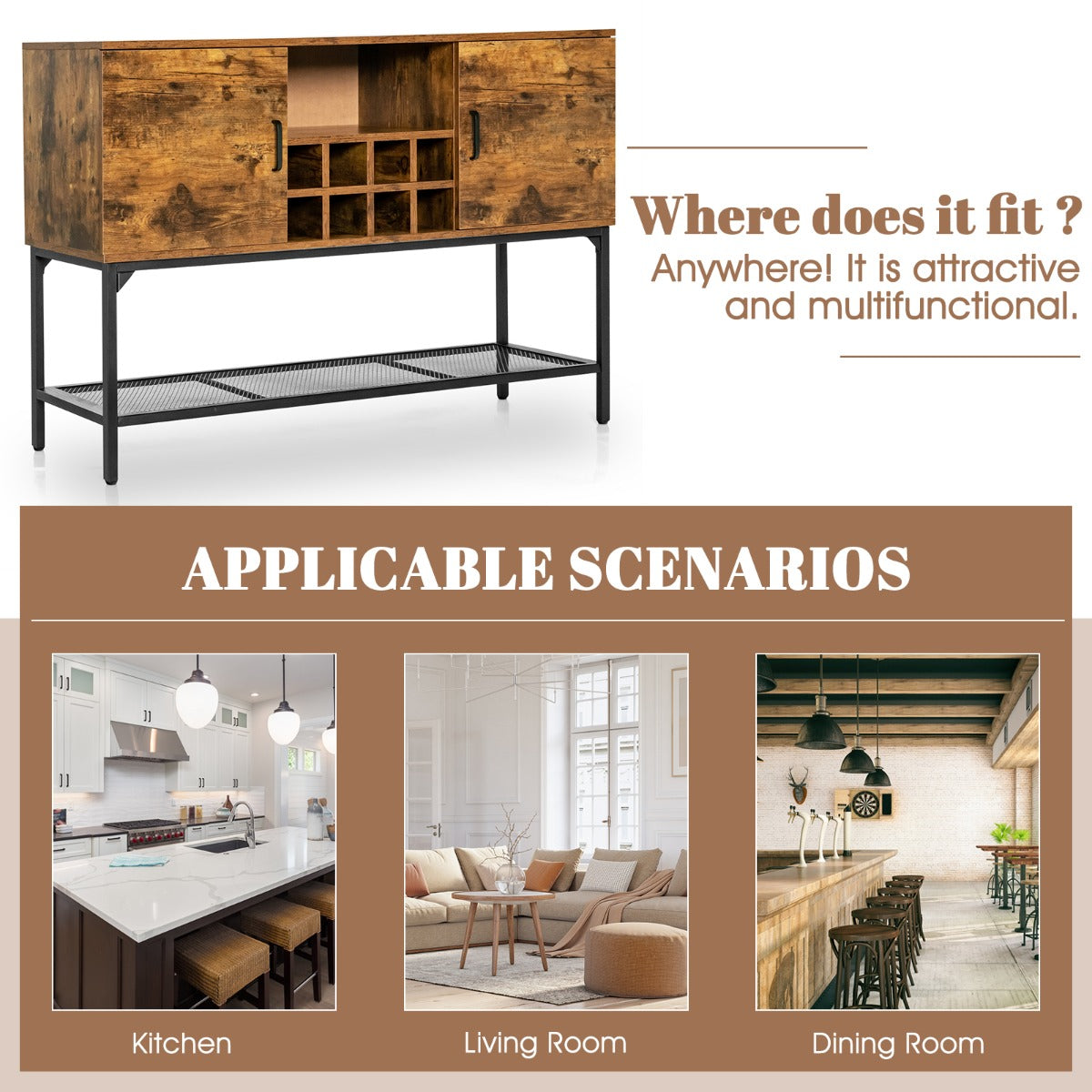 LIVSK Multifunctionele Buffetkast - Dressoir met Wijnrek voor 8 Flessen - 2 Deurkasten - Stevig en Duurzaam - 120 x 40 x 85 cm -