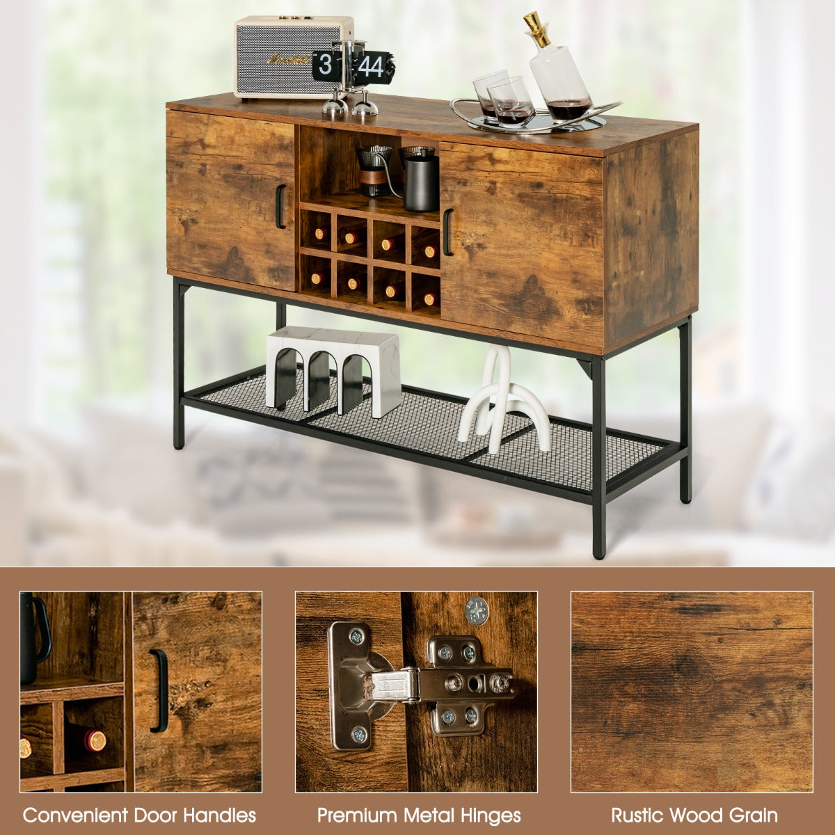 LIVSK Multifunctionele Buffetkast - Dressoir met Wijnrek voor 8 Flessen - 2 Deurkasten - Stevig en Duurzaam - 120 x 40 x 85 cm -