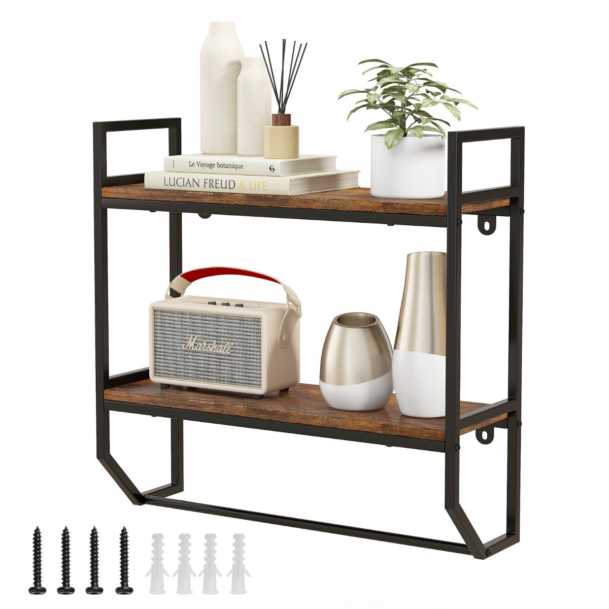 Livsk costway industrieel houten wandrek zwevend rek met stang rek met metalen frame ideaal voor woonkamer keuken en badkamer 1 1