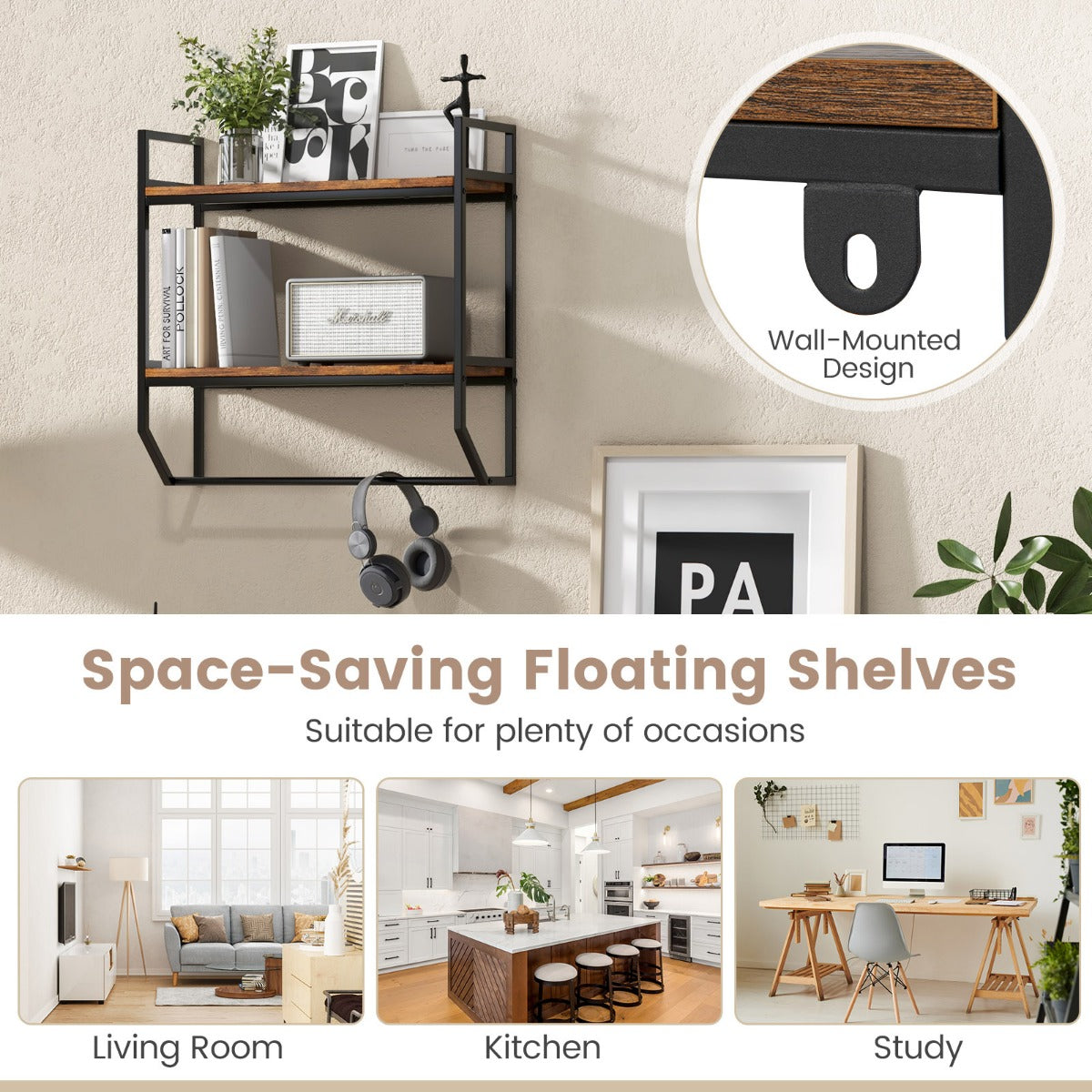 Livsk costway industrieel houten wandrek zwevend rek met stang rek met metalen frame ideaal voor woonkamer keuken en badkamer 3