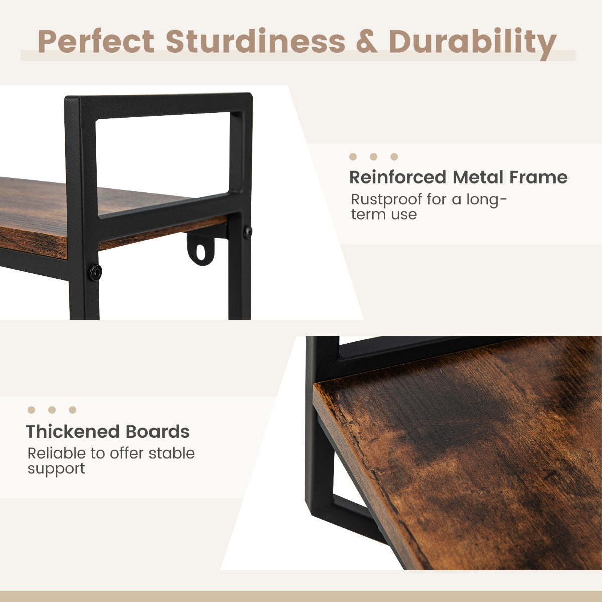 Livsk costway industrieel houten wandrek zwevend rek met stang rek met metalen frame ideaal voor woonkamer keuken en badkamer 5