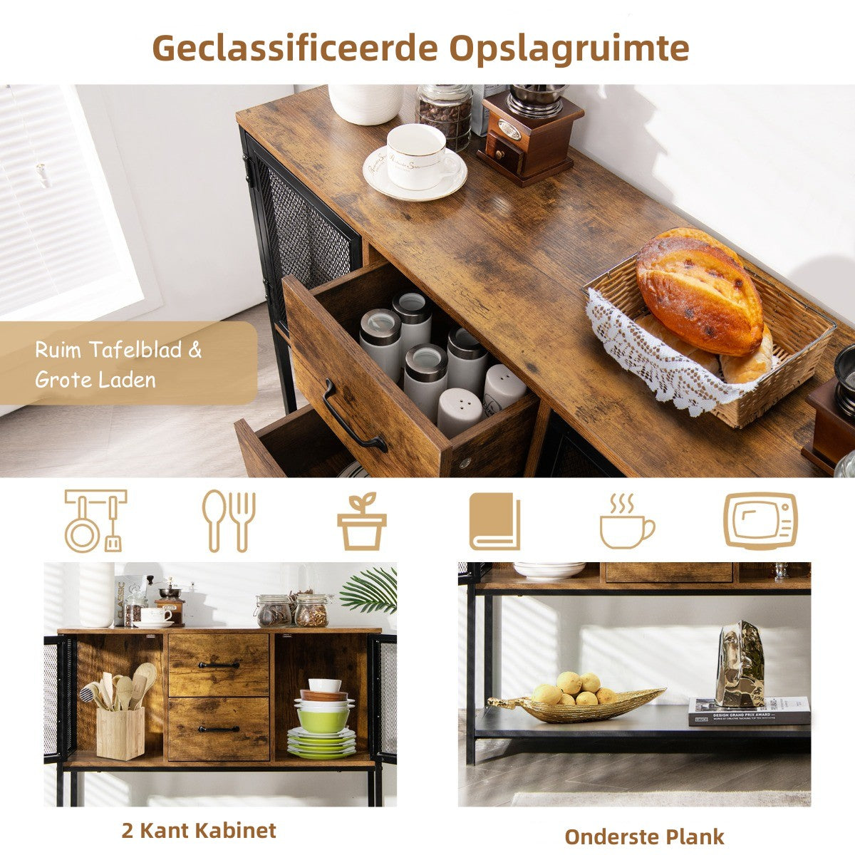 LIVSK Industrieel Bijzetkast - 2 Gaaskasten - 2 Lades - Duurzaam MDF en Staal - Antislip - 100 x 35 x 85 cm - Rustiek bruin +