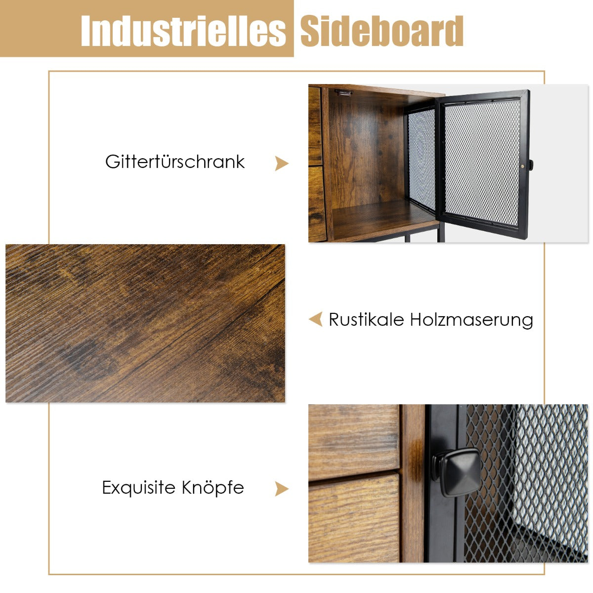 LIVSK Industrieel Bijzetkast - 2 Gaaskasten - 2 Lades - Duurzaam MDF en Staal - Antislip - 100 x 35 x 85 cm - Rustiek bruin +
