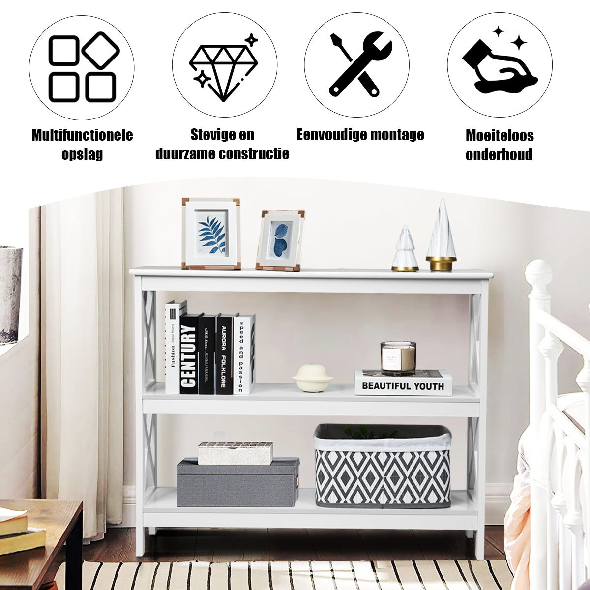 Livsk costway industriele 3 laagse consoletafel rustieke bank bijzettafel met opbergplank x ontwerp boekenplank wit 3