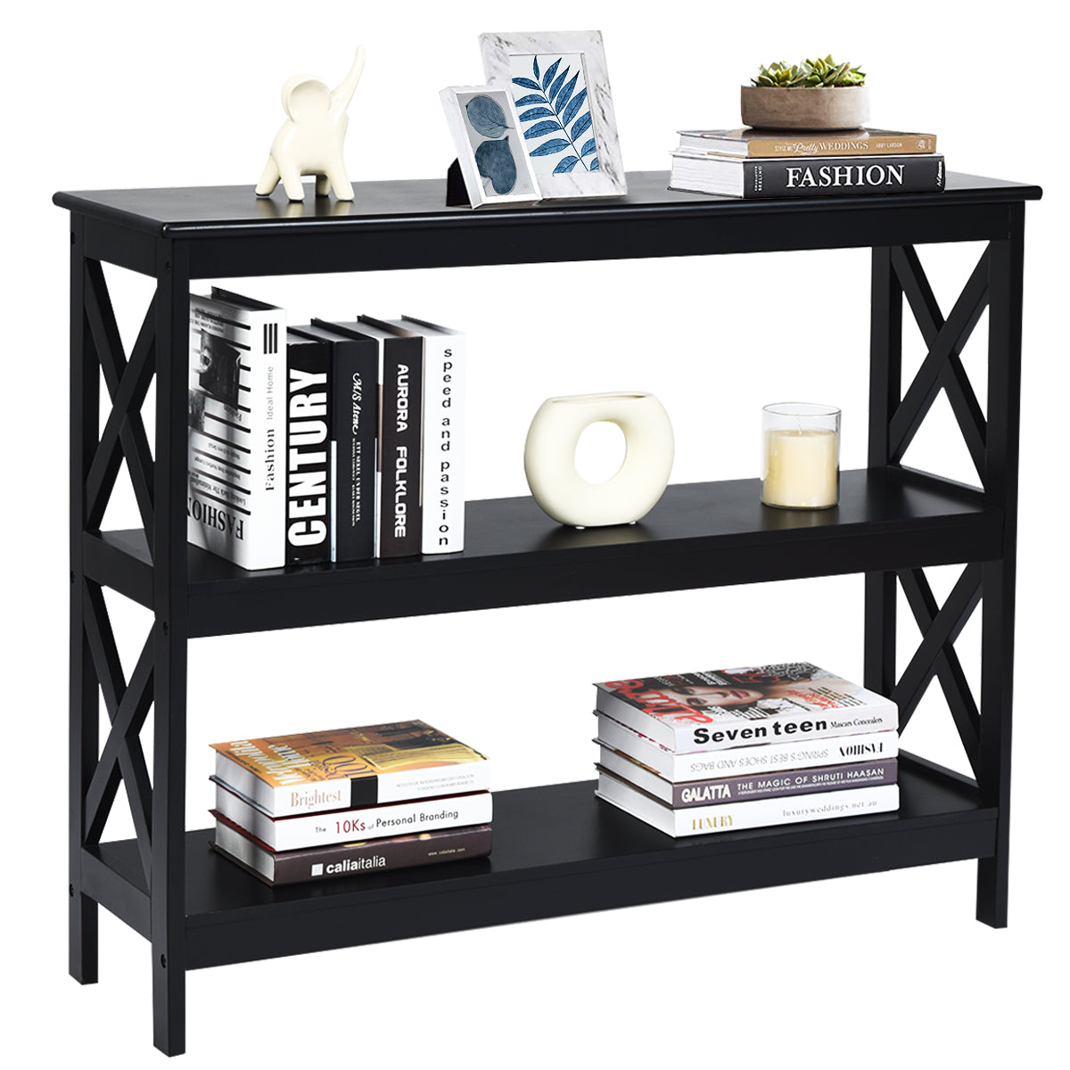Livsk costway industriele 3 laagse consoletafel rustieke bank bijzettafel met opbergplank x ontwerp boekenplank zwart