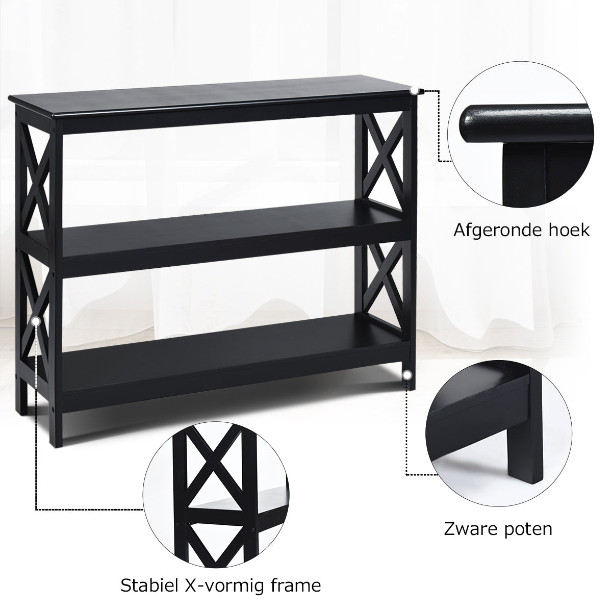 Livsk costway industriele 3 laagse consoletafel rustieke bank bijzettafel met opbergplank x ontwerp boekenplank zwart 4