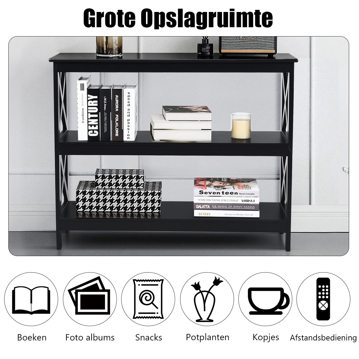 Livsk costway industriele 3 laagse consoletafel rustieke bank bijzettafel met opbergplank x ontwerp boekenplank zwart 5