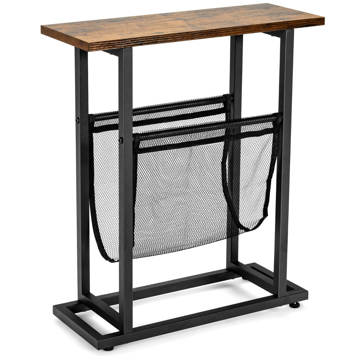 LIVSK Industriële Bijzettafel - Gaas Tijdschriftenhouder - Compact 48 x 18 x 54,5 cm - Stevig Stalen Onderstel - Zwart