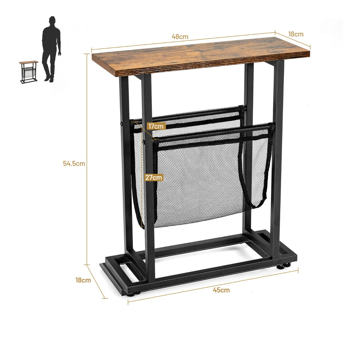 LIVSK Industriële Bijzettafel - Gaas Tijdschriftenhouder - Compact 48 x 18 x 54,5 cm - Stevig Stalen Onderstel - Zwart