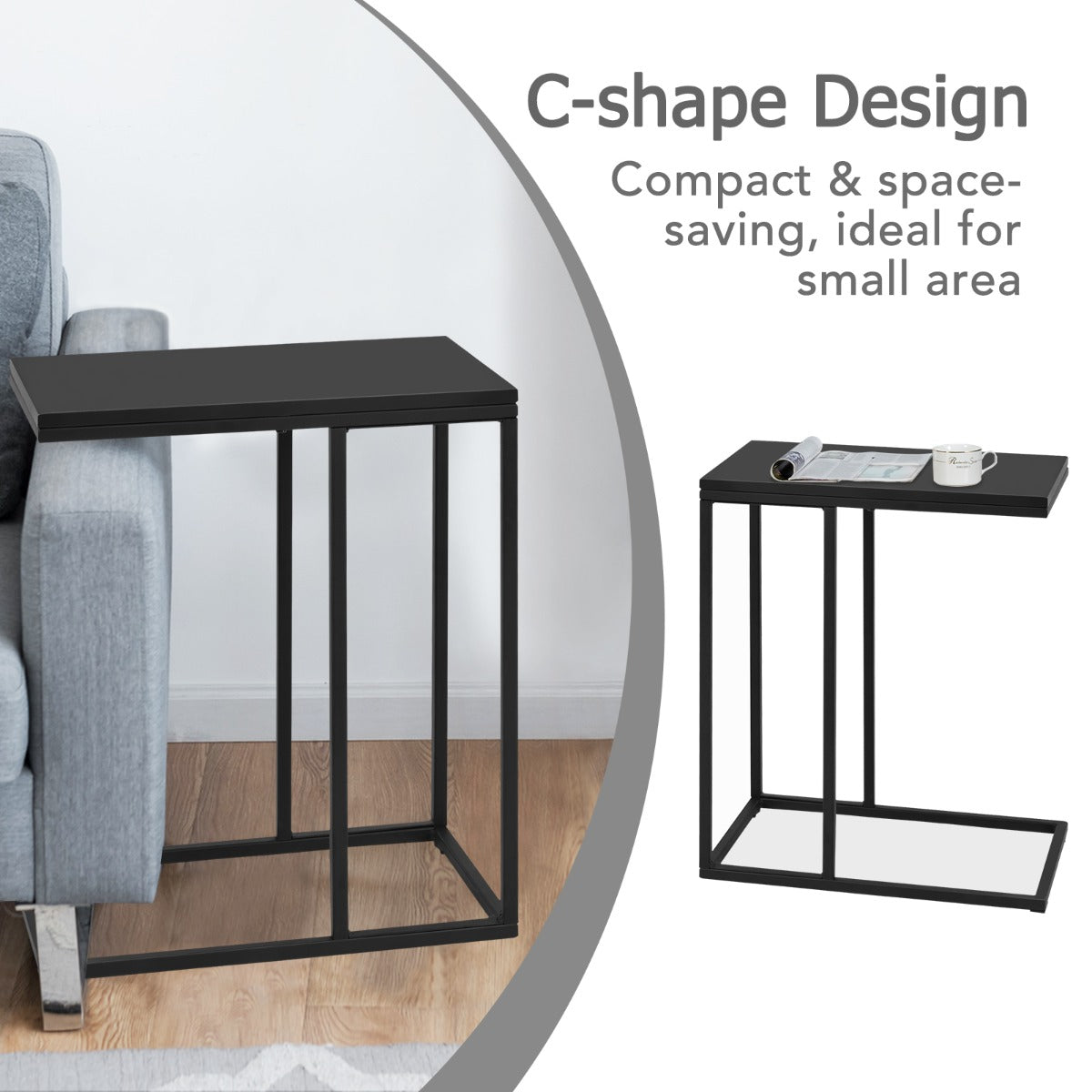 Livsk costway industriele bijzettafel nachtkastje zwart hout laptop tafel nachtkastje metalen c vormig frame en rechthoekig mdf tafelblad 3
