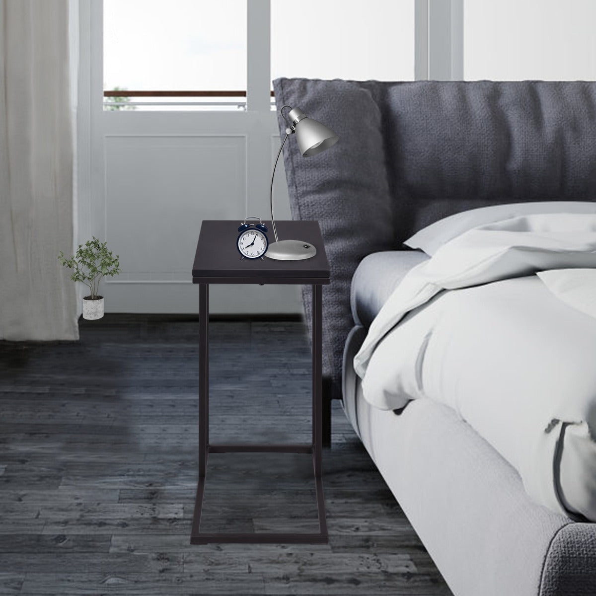 Livsk costway industriele bijzettafel nachtkastje zwart hout laptop tafel nachtkastje metalen c vormig frame en rechthoekig mdf tafelblad 5