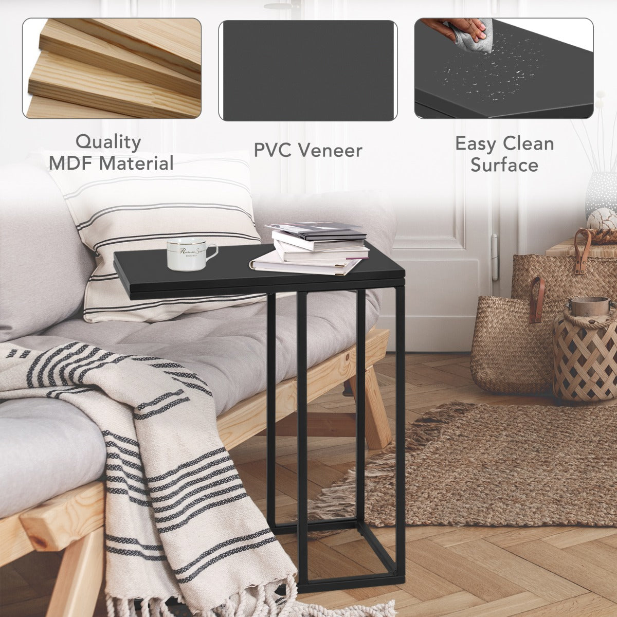 Livsk costway industriele bijzettafel nachtkastje zwart hout laptop tafel nachtkastje metalen c vormig frame en rechthoekig mdf tafelblad 6