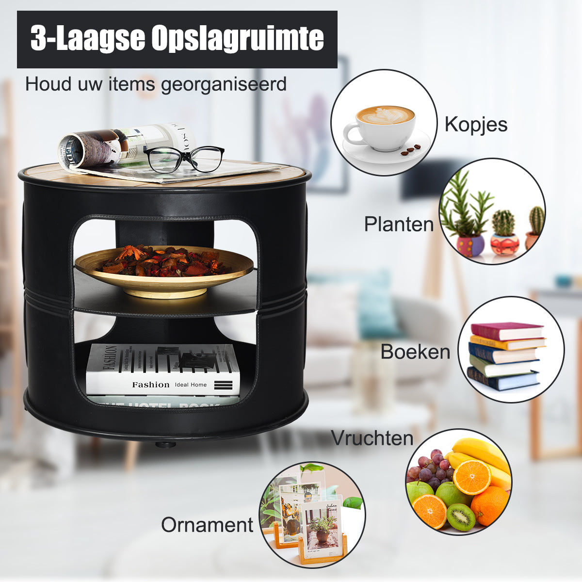 Livsk costway industriele bijzettafel van hout en metaal 3 niveaus koffietafel tot 50 kg belastbaar telefoontafel rond nachtkastje 50 x 50 x 415 cm 6
