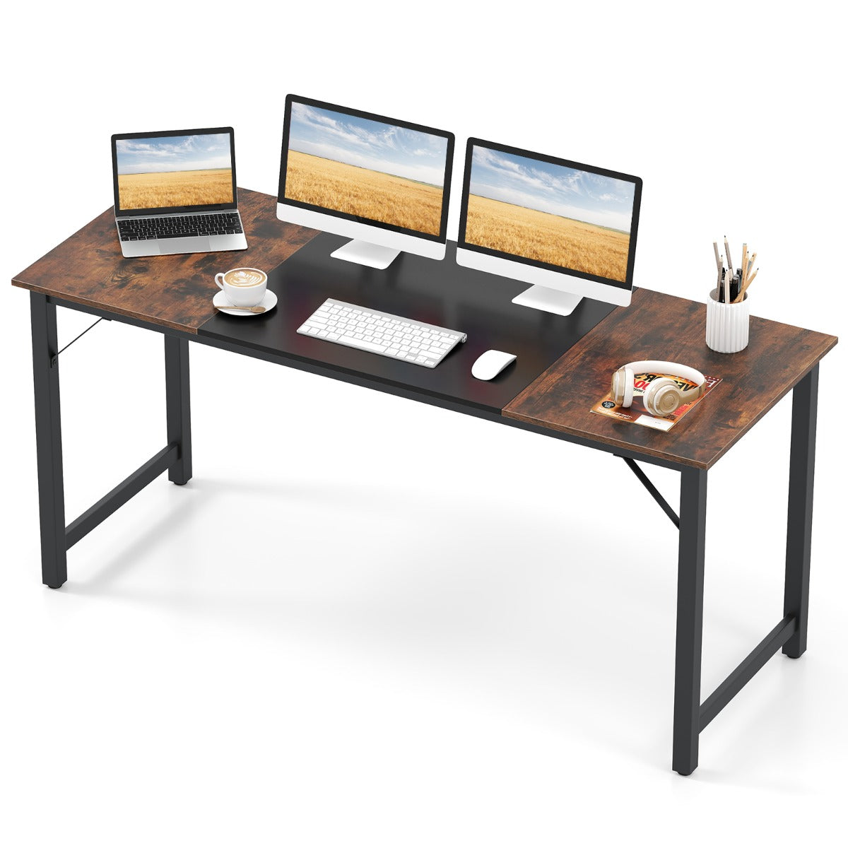 LIVSK Werktafel - Robuust Metalen Frame - Ruimte van 160 x 60 cm - Tot 95 kg - Ondersteuning voor Comfort - Rustiek Bruin + Zwart