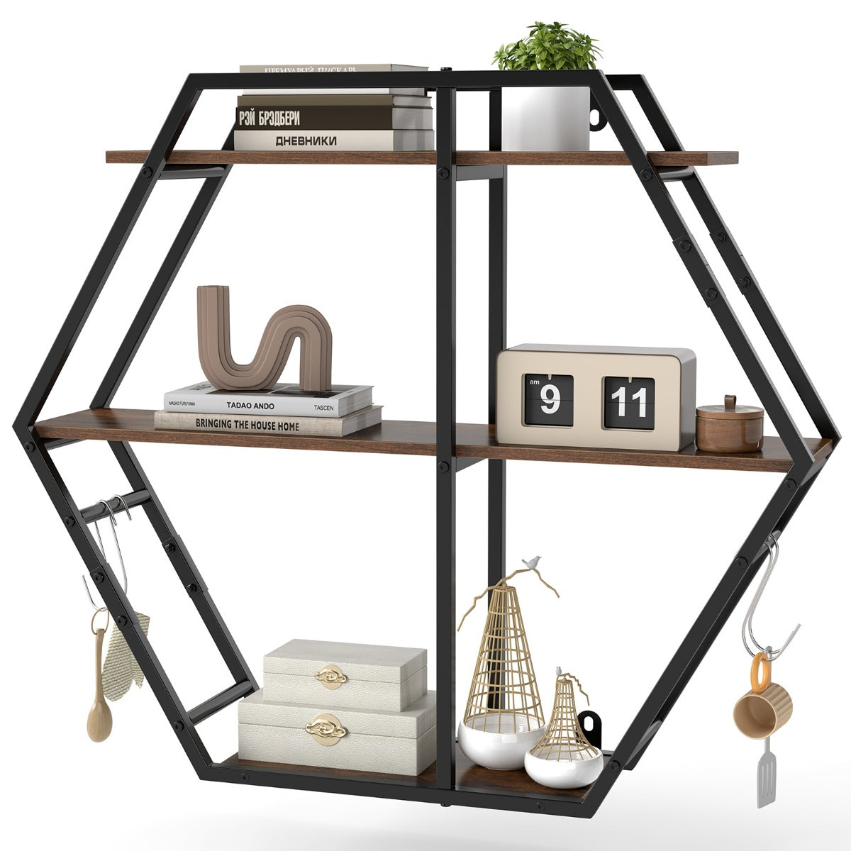 Livsk costway industriele hexagon wandplank decoratieve zwevende plank met 3 niveaus haken en stevig metalen frame 1
