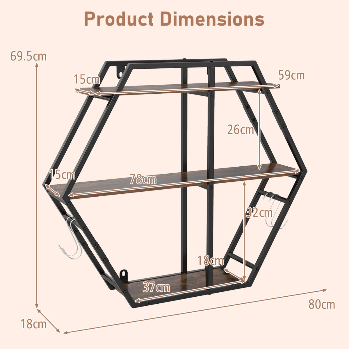 Livsk costway industriele hexagon wandplank decoratieve zwevende plank met 3 niveaus haken en stevig metalen frame
