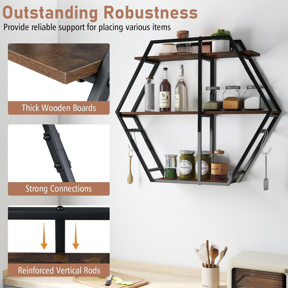 Livsk costway industriele hexagon wandplank decoratieve zwevende plank met 3 niveaus haken en stevig metalen frame