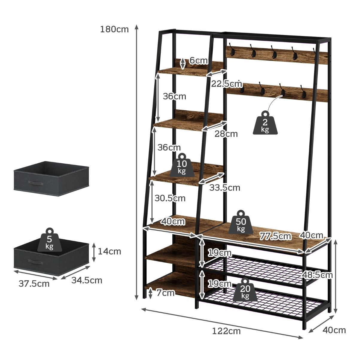 LIVSK Gangkast met Schoenenbank - 9 Haken - 6 Legplanken - 2 Opvouwbare Ladekasten - Duurzaam Staal en Hout - Rustiek bruin
