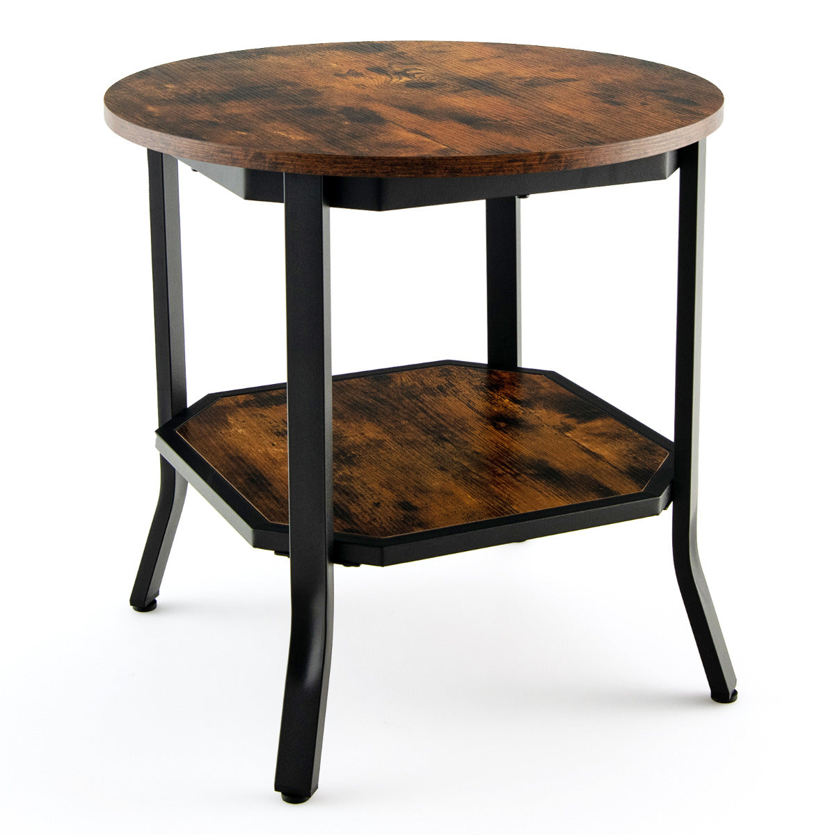 LIVSK Ronde Salontafel met 2 Lagen - Rustiek Bruin Hout - Stalen Frame - Stevig Tot 50 kg - Robotstofzuiger Vriendelijk - 50 x 50