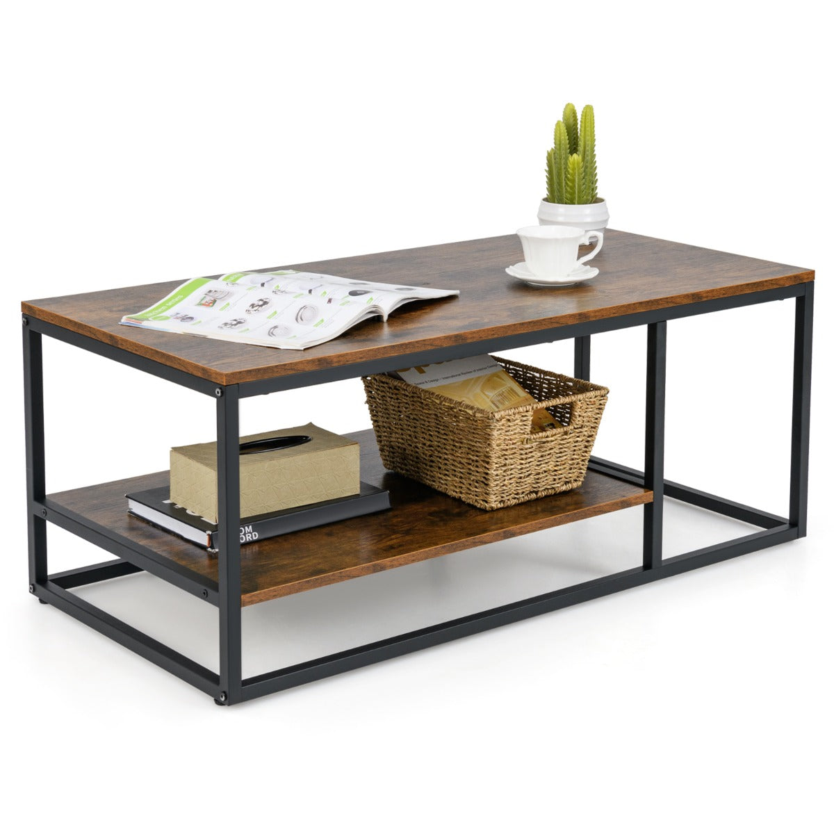 LIVSK Salontafel met 2 Niveaus - Rustiek Bruin Houtnerf en Zwart Metaal - Ruime Opbergruimte - 105 x 50 x 42,5 cm - Bruin