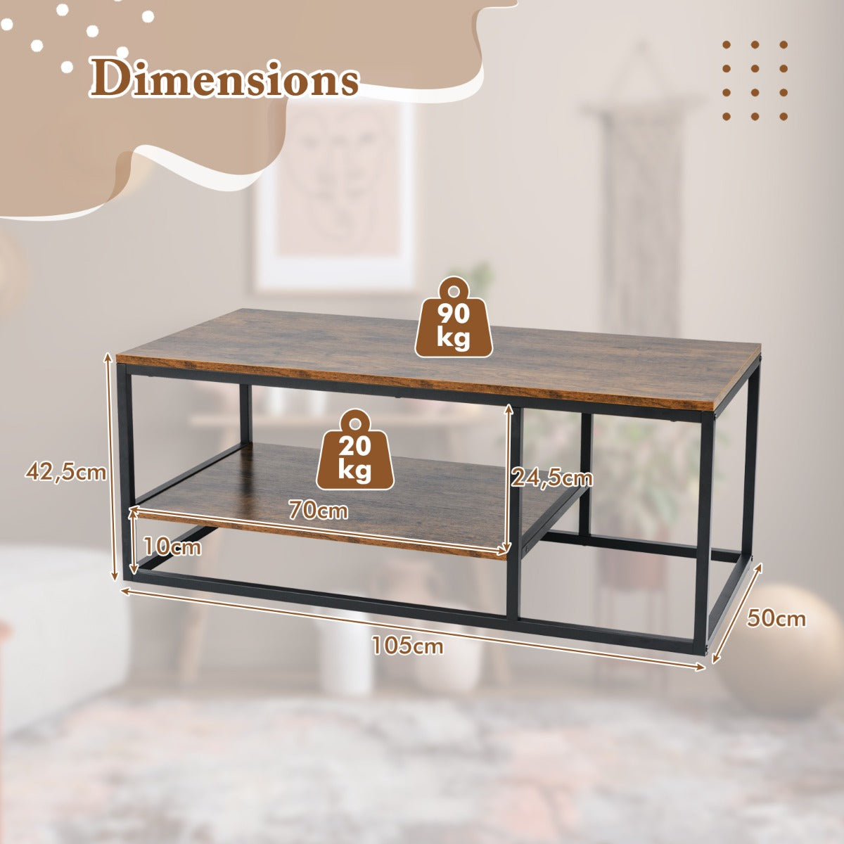 LIVSK Salontafel met 2 Niveaus - Rustiek Bruin Houtnerf en Zwart Metaal - Ruime Opbergruimte - 105 x 50 x 42,5 cm - Bruin