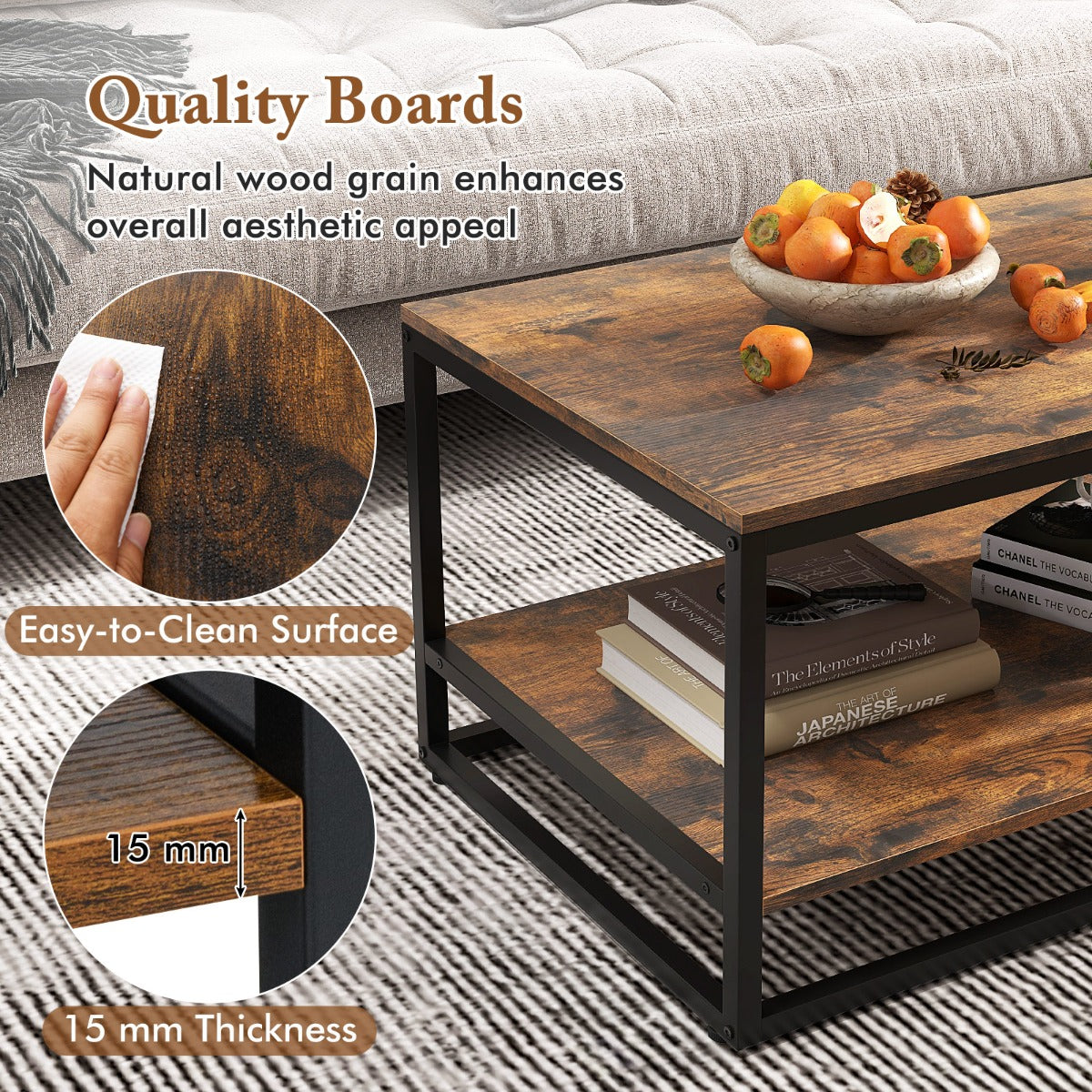 LIVSK Salontafel met 2 Niveaus - Rustiek Bruin Houtnerf en Zwart Metaal - Ruime Opbergruimte - 105 x 50 x 42,5 cm - Bruin
