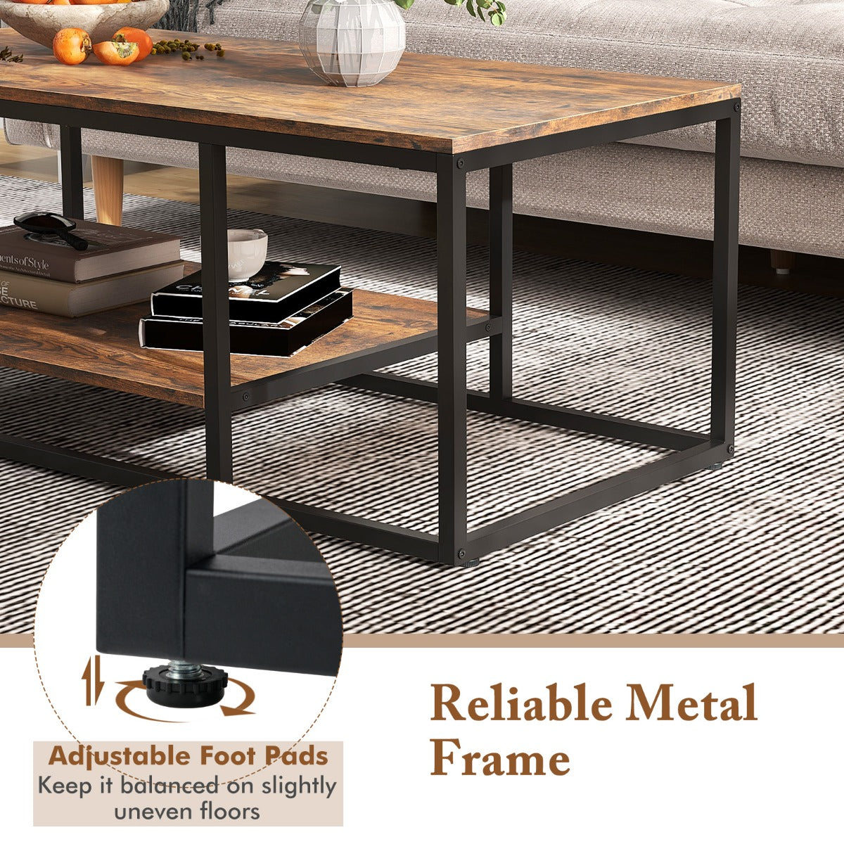 LIVSK Salontafel met 2 Niveaus - Rustiek Bruin Houtnerf en Zwart Metaal - Ruime Opbergruimte - 105 x 50 x 42,5 cm - Bruin