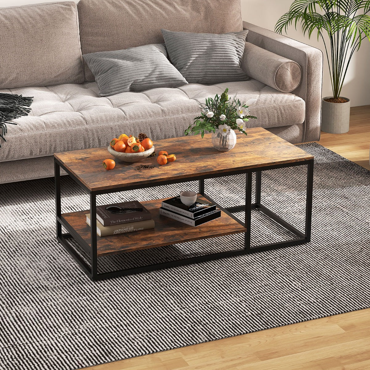 LIVSK Salontafel met 2 Niveaus - Rustiek Bruin Houtnerf en Zwart Metaal - Ruime Opbergruimte - 105 x 50 x 42,5 cm - Bruin