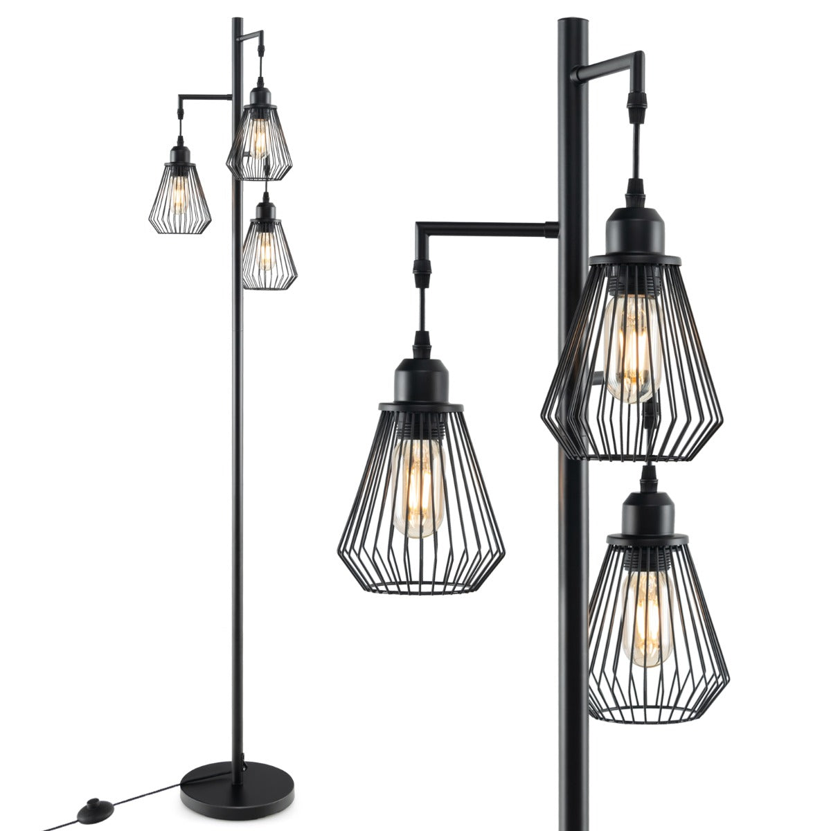 LIVSK Vintage Boerderijhoekboomlamp - 3 Vogelkooilampenkappen - Voetschakelaar - Zware Cementbasis - Zwart