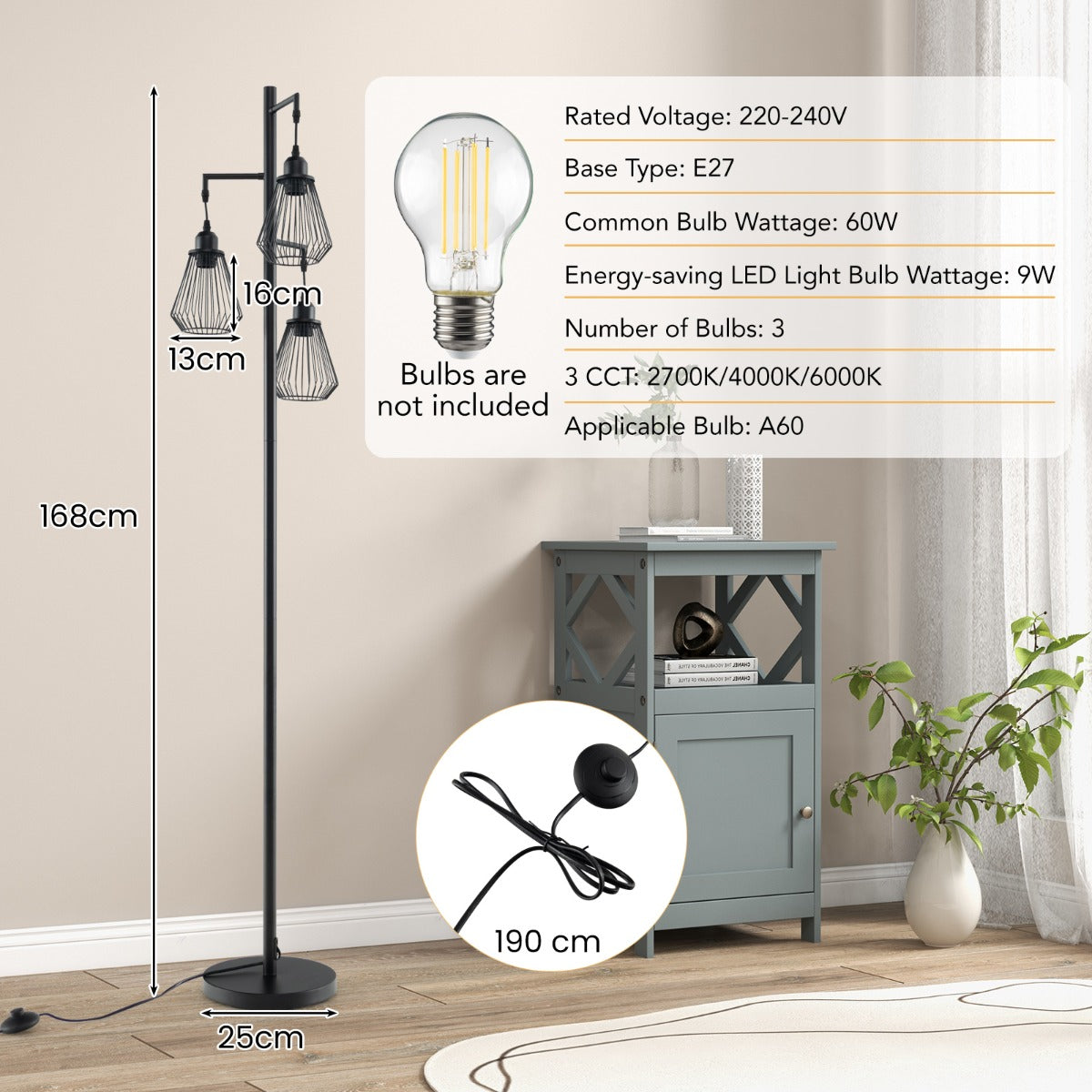 LIVSK Vintage Boerderijhoekboomlamp - 3 Vogelkooilampenkappen - Voetschakelaar - Zware Cementbasis - Zwart