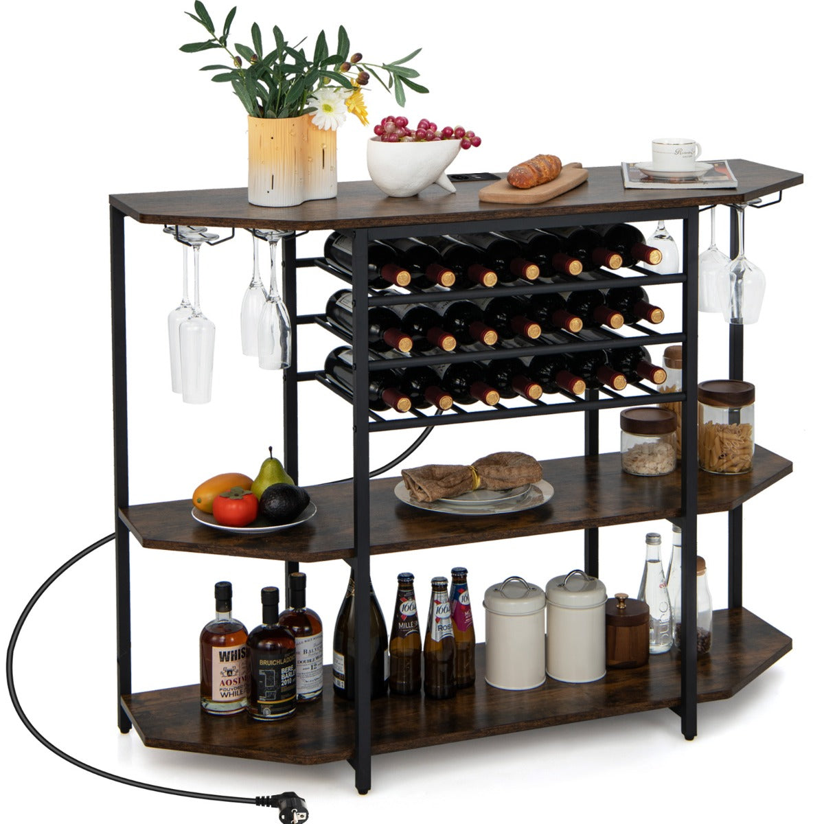 LIVSK Wijnrek met Glazenhouders en Oplaadstation - Opslag voor 21 Flessen - 3 Ruime Planken - 120 x 40 x 92 cm - Rustiek bruin