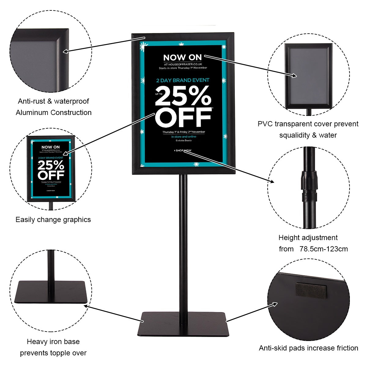LIVSK Infostandaard A3 Set van 2 - Hoogte Verstelbaar - Duurzaam Aluminium - Draaibaar - Zwart