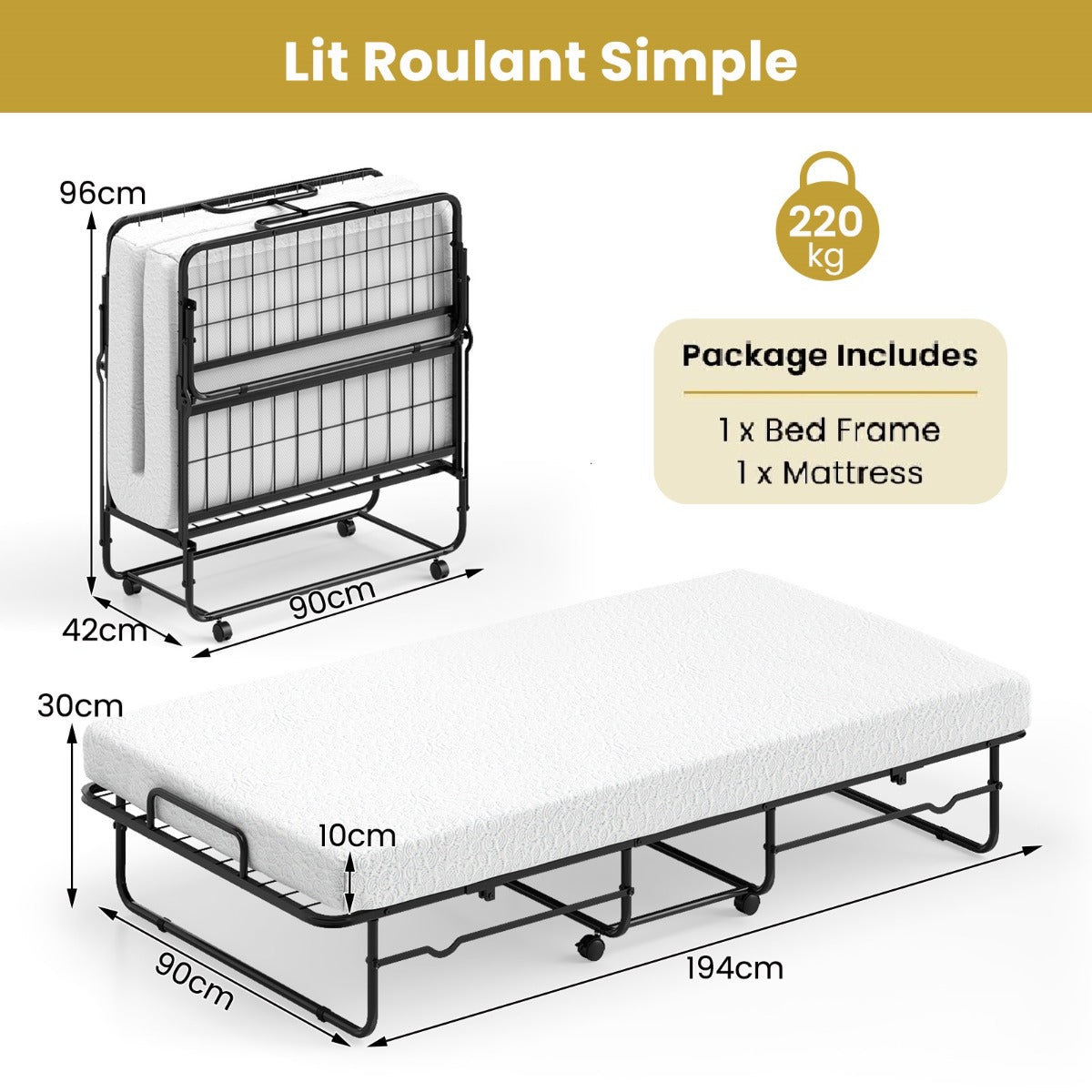 Livsk costway inklapbaar logeerbed 90 x 190 cm opklapbed met 10 cm dik schuimmatras lattenbodem van metaal vouwbed met wielen 1 1