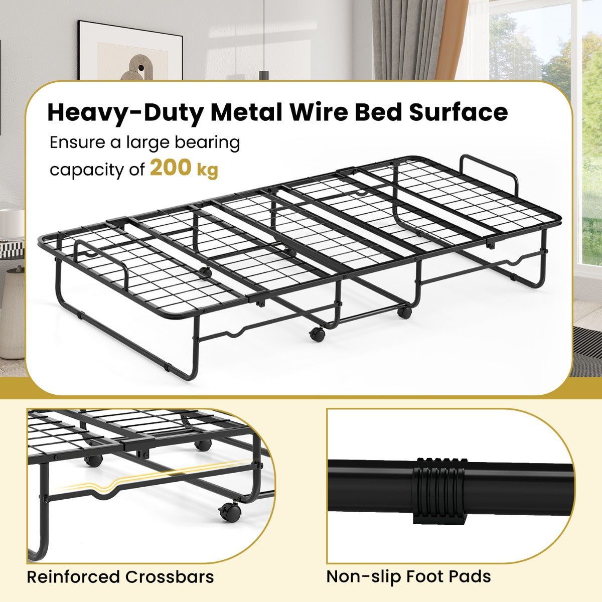 Livsk costway inklapbaar logeerbed 90 x 190 cm opklapbed met 10 cm dik schuimmatras lattenbodem van metaal vouwbed met wielen 5