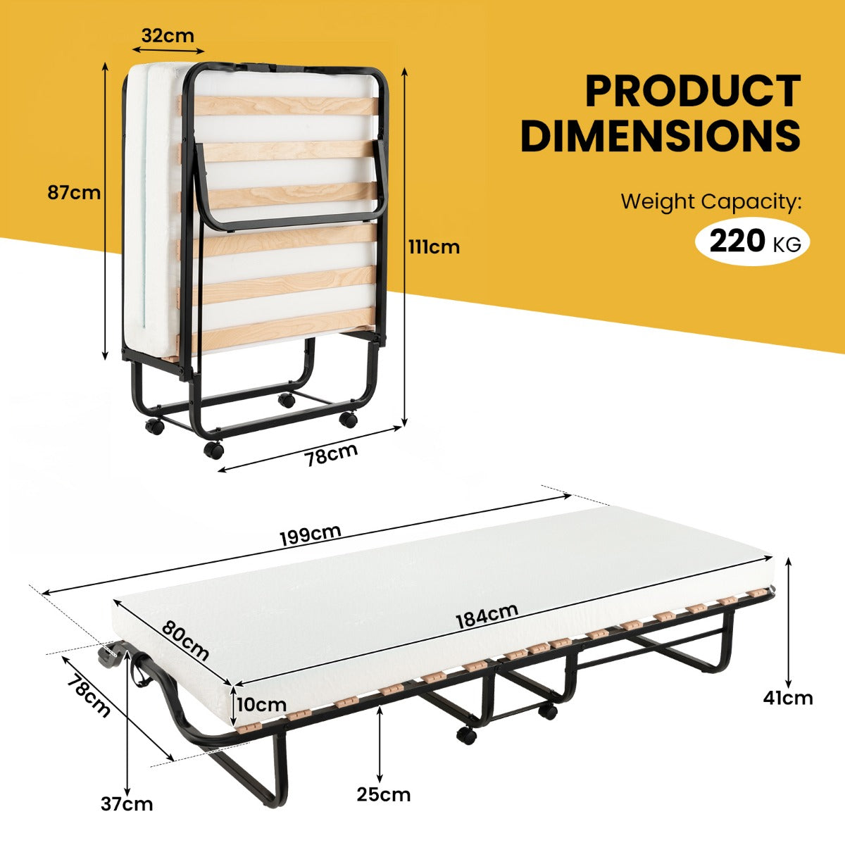 LIVSK Opklapbed met 10 cm Schuimstofmatras - Maximaal 220 kg - Antislip - Inklapbaar - Ruimtebesparend - Zwart