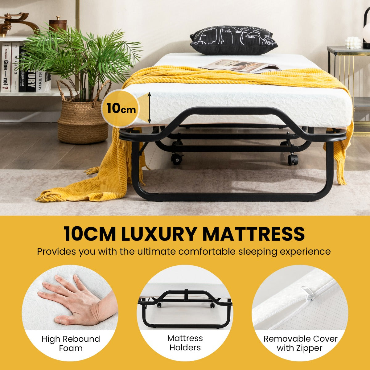 LIVSK Opklapbed met 10 cm Schuimstofmatras - Maximaal 220 kg - Antislip - Inklapbaar - Ruimtebesparend - Zwart