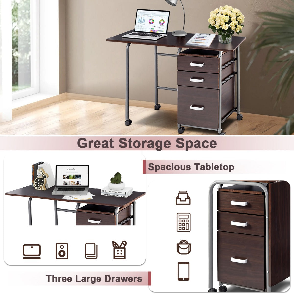 LIVSK Inklapbare Computertafel met 3 Lades en Wieltjes - Ruimtebesparend en Verplaatsbaar - Waterdicht MDF - 105 x 50 x 75 cm -