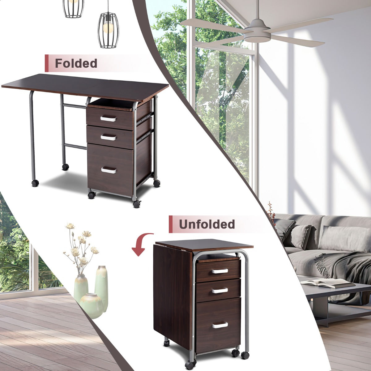 LIVSK Inklapbare Computertafel met 3 Lades en Wieltjes - Ruimtebesparend en Verplaatsbaar - Waterdicht MDF - 105 x 50 x 75 cm -
