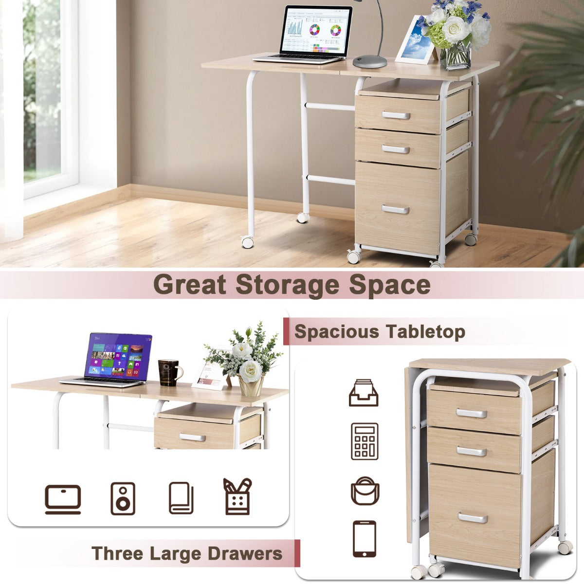 LIVSK Inklapbare Computertafel - Waterdicht MDF - 3 Lades - 6 Wielen - Ruimtebesparend - 105 x 50 x 74 cm - Naturel
